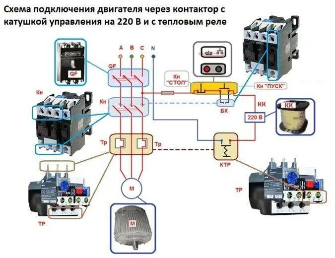 Магнитный пускатель с кнопкой пуск стоп. Схема подключения контактора с тепловым реле через кнопку пуск. Схема подключения двигателя через магнитный пускатель 220. Схема подключения Эл двигателя 380 через пускатель с тепловым реле. Пускатель электромагнитный 380в схема подключения с тепловым реле.