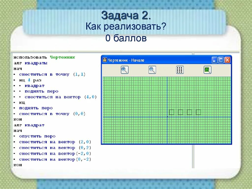 Использовать чертежник АЛГ нач поднять перо сместиться в точку 1.1. Использовать чертежник АЛГ сместиться на вектор квадрат. Сместиться на вектор елка команды. Алгоритм решения школьных задач. Задачи про школу по математике