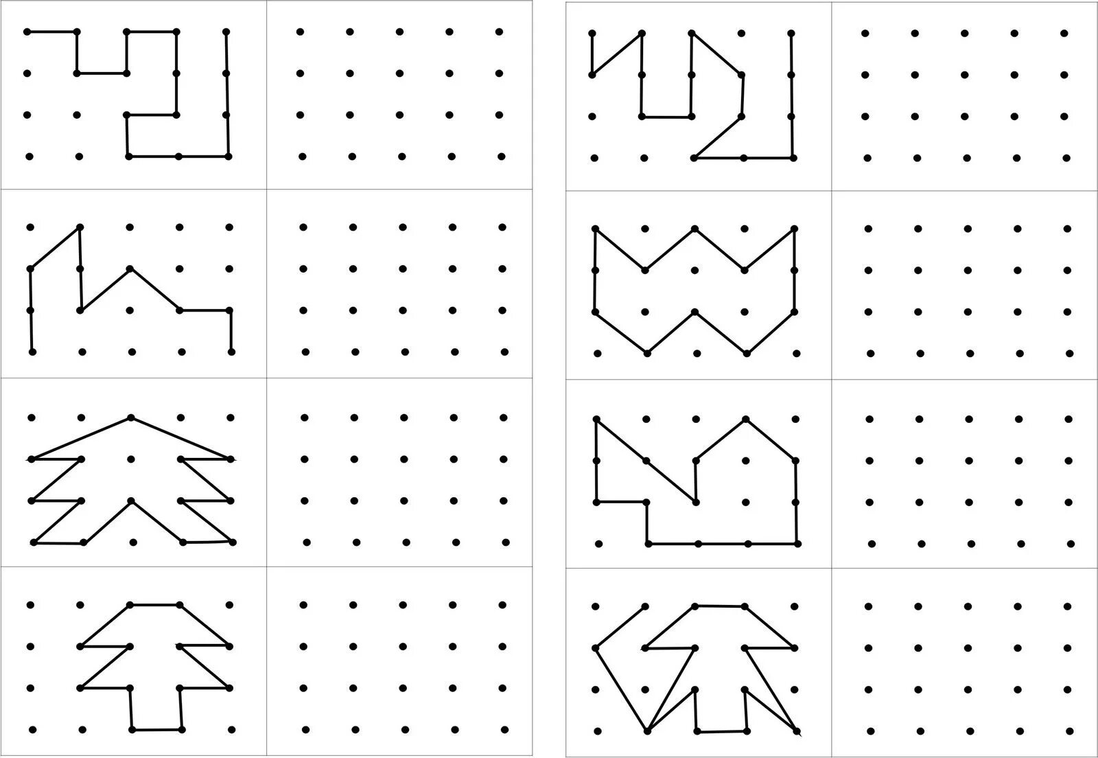 Напечатать зеркально. Тренажер для моторики и внимательности повтори по точкам. Заданияидля дошкольников. Скопируй фигуры по точкам. Графические задачи для детей.
