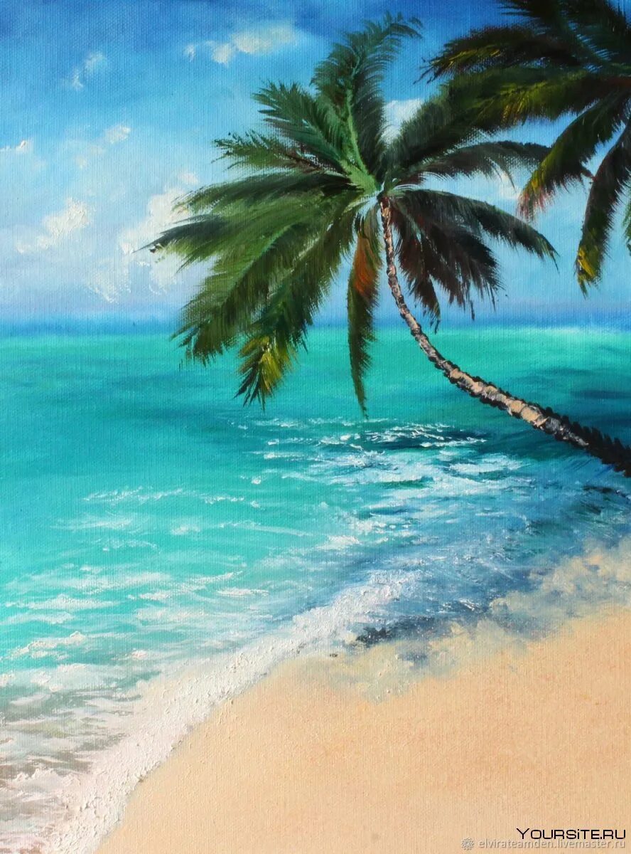 Морской пейзаж. Пейзаж с пальмами. Пляж с пальмами. Морской пейзаж с пальмами.