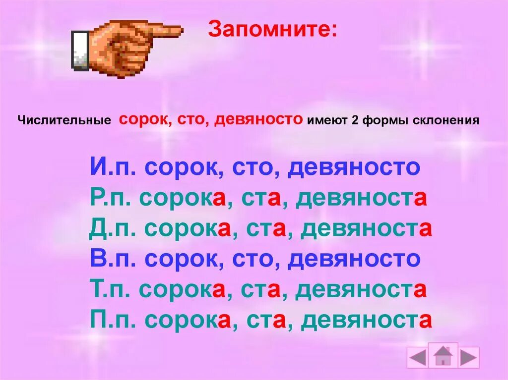 Просклонять числительное 40 по падежам. Числительные. Имя числительное. Числительные сорок девяносто СТО. Склонение числительных таблица.