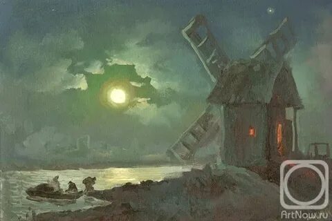 Картина мельница лунной ночью