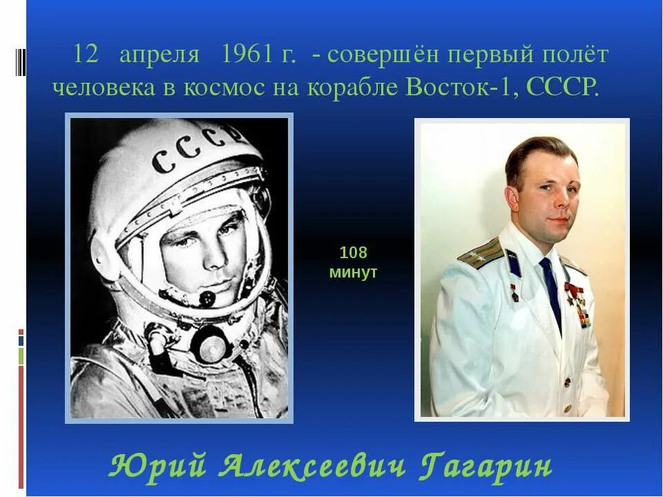 1 апреля день космонавтики. 1961 Г. - первый полет человека в космос.