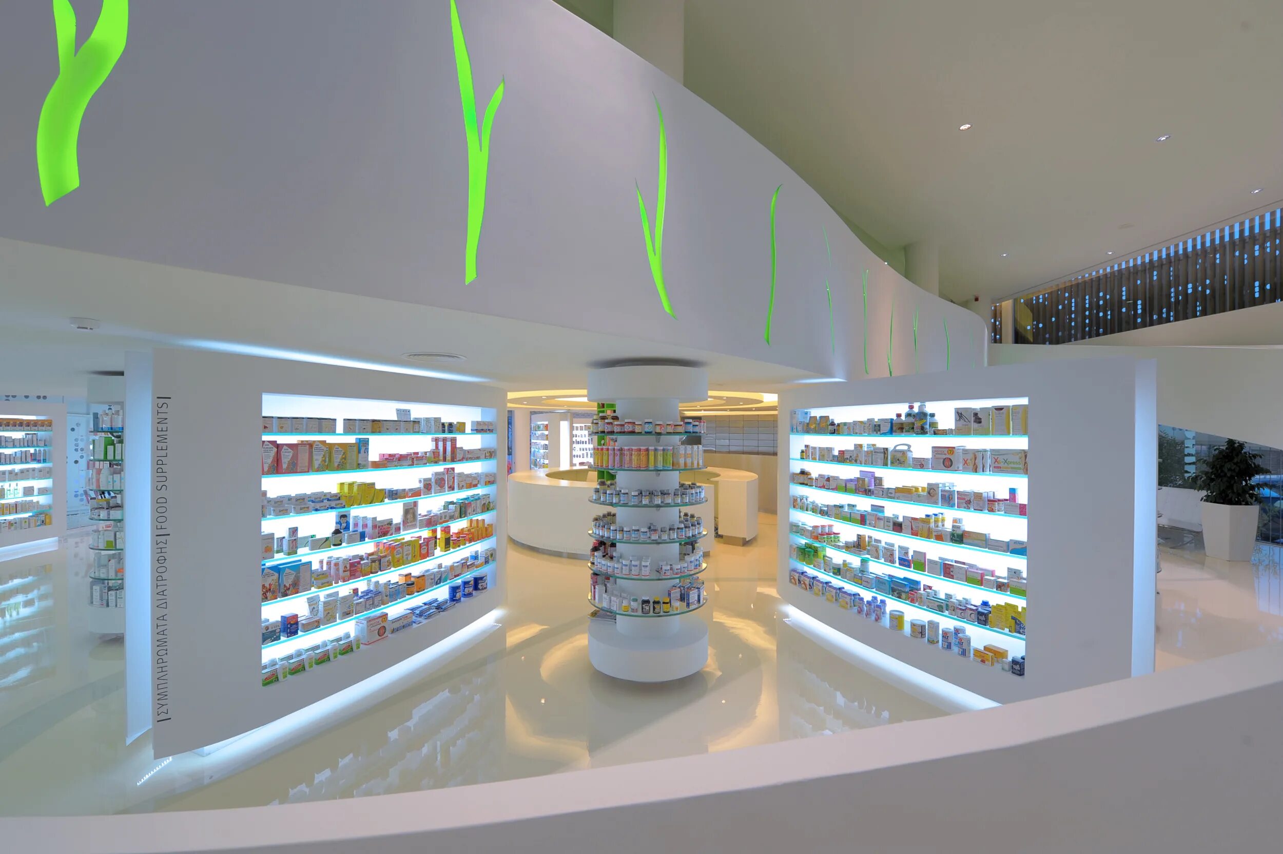 Placebo Pharmacy (Афины, Греция). Аптека в Афинах Placebo Pharmacy. Placebo Pharmacy план (Афины, Греция). Подсветка витрин в аптеке. Оформление аптечного