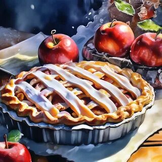Создай акварель, вид сверху, крупным планом, пышный яблочный пирог ." - картинка
