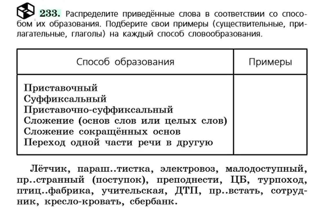 На основе данных приведенных в тексте. Распределите приведенные слова в соответствии со способом. Распределите слова по способу их образования.