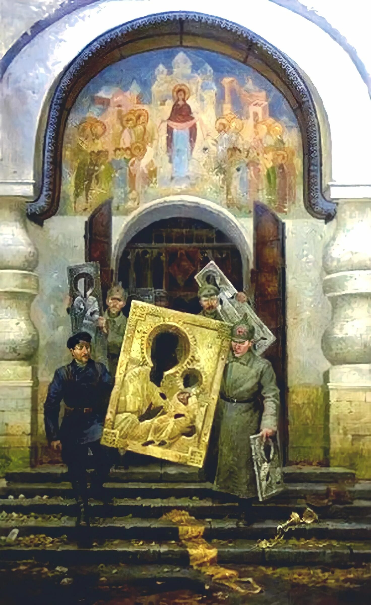 Иконы после пожара. Гонения Большевиков на православную Церковь икона. Гонения на Церковь. Картина храмы.