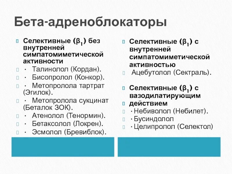 Бета адреноблокаторы тест. Бета адреноблокаторы без внутренней симпатомиметической активности. Селективные бета адреноблокаторы. Бета блокаторы с внутренней симпатомиметической активностью. Бета адреноблокаторы с симпатомиметической активностью.