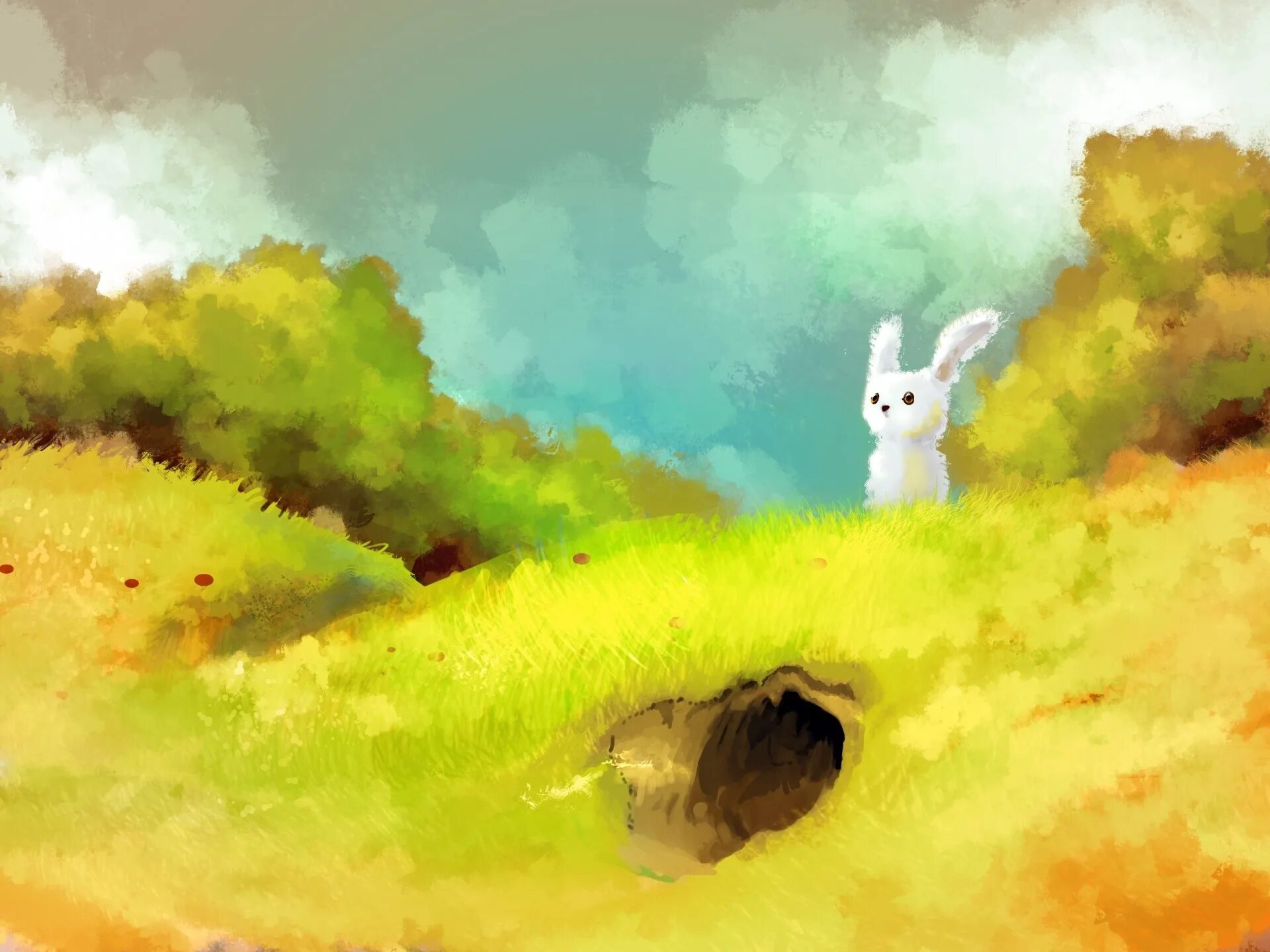 Земля зайчика. Кролик арт. Обои мультяшные. Сказочный кролик. Заяц картина.