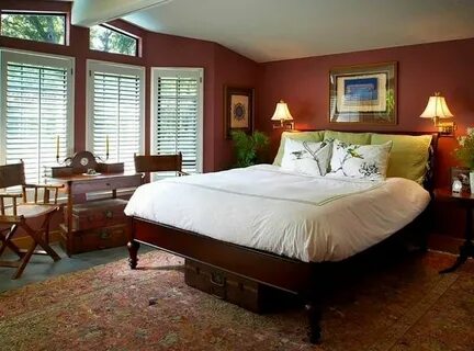 A red bed and a brown table