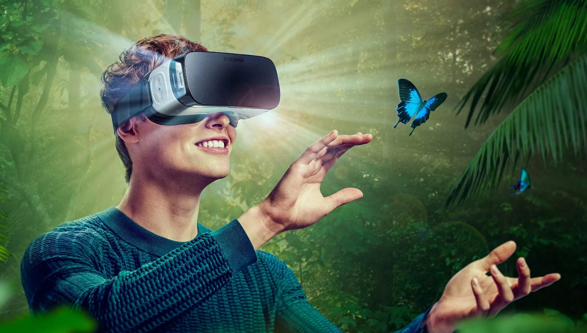 Виртуальная реальность (Virtual reality, VR). Визуальная реальность. Иртуальная реальность. Очки виртуальной реальности на человеке.