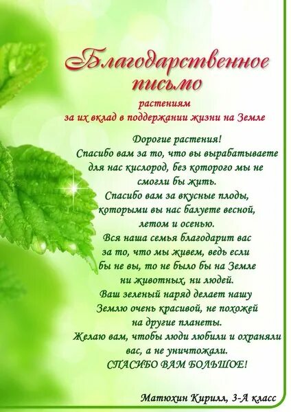 Благодарное письмо растениям 3 класс окружающий