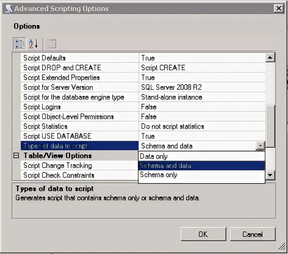 Tasks - generate scripts MSSQL. Extract SQL. SQL Dump что это. Script options