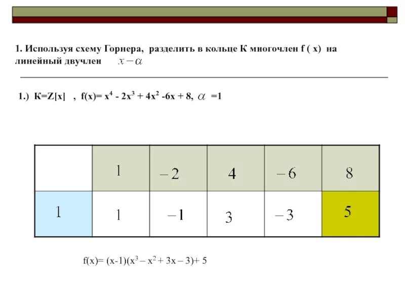 Вычисление значения многочлена. Деление многочленов по схеме горнера. Схема горнера деление многочленов. Схема горнера Полином. Как делить по схеме горнера.