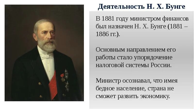 Н х в экономике. Деятельность министра финансов Бунге. Деятельность н.х. Бунге на посту министра финансов.