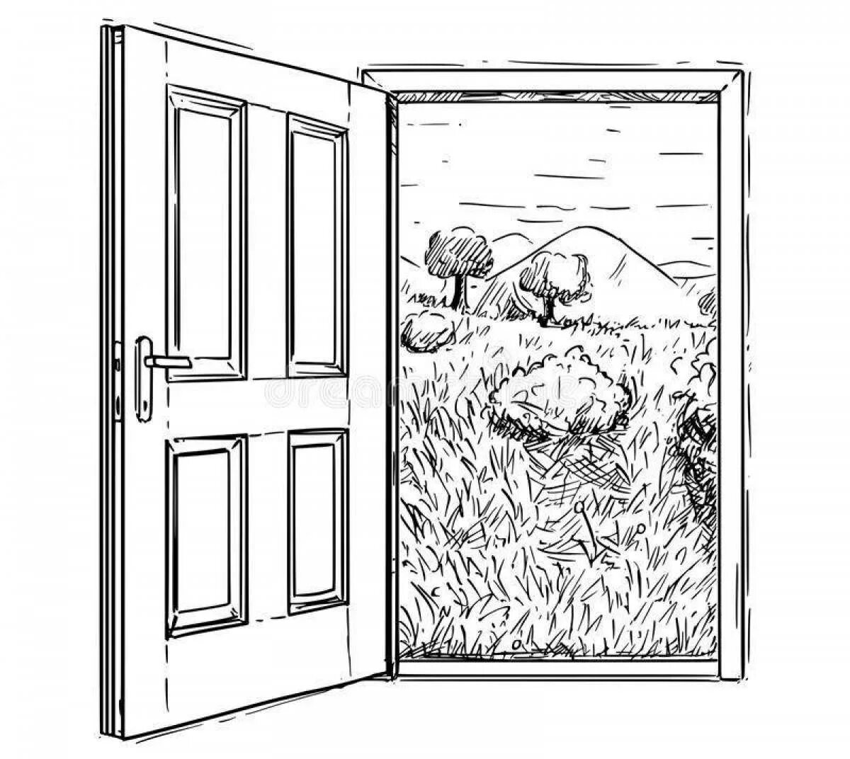 Дверь раскраска. Открытая дверь. Дверь иллюстрация. Незакрытая дверь нарисованная. Рассказ запертые двери 5