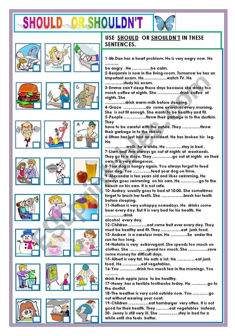 Complete with should or shouldn t. Should shouldn't Worksheets. Should задания. Should shouldn't упражнения. Should shouldn't Worksheets for Kids.