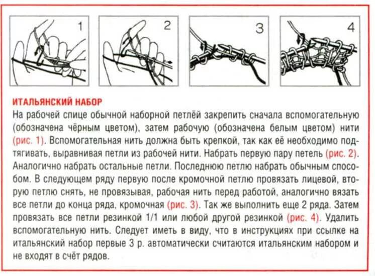 Как красиво набрать петли спицами. Итальянский набор петель спицами для резинки с вспомогательной нитью. Итальянский метод набора петель для вязания спицами. Итальянский набор петель спицами для резинки 1х1 поворотными рядами. Набор петель на спицы горловины спицами для резинки 2х2.