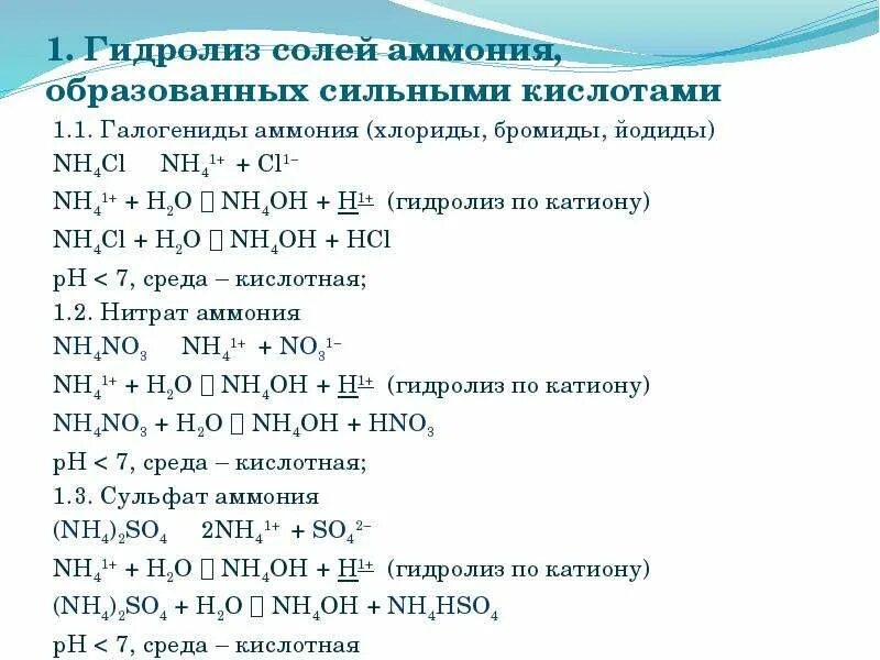 Хлорид аммония характер среды водного раствора. Хим св солей аммония. Nh4oh хлорид аммония. Гидролиз солей аммония. Гидролиз бромида аммония.