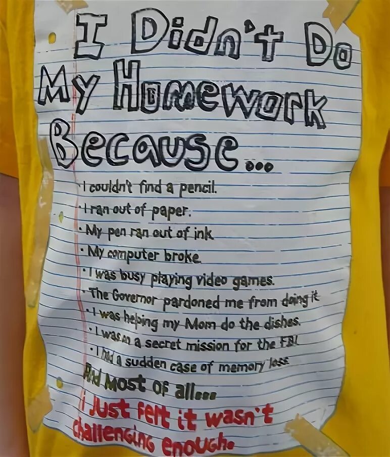 I didn t do much. I didn't do my homework because. I didn't do homework. My Dog does my homework. My Dog ate my homework.