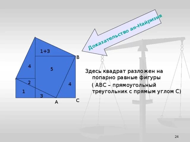 Стороны попарно равны у каких фигур. Теорема Пифагора доказательства Найризия. Доказательство АН Найризия теоремы Пифагора. Доказательство теоремы Пифагора разбиение АН Найризия. Доказательство теоремы Пифагора с помощью разбиения АН-Найризия.