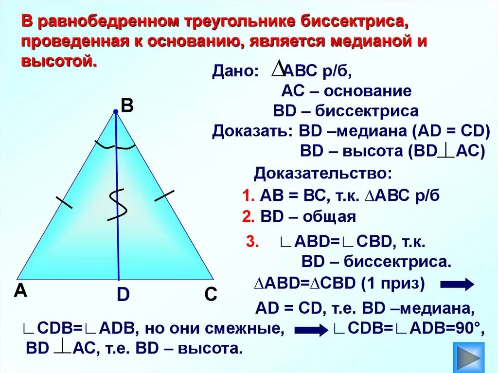 Любая биссектриса треугольника делит его пополам. Биссектриса проведенная к основанию равнобедренного треугольника. Биссектриса в равноравнобедренном треугольнике. Мидиана и биссиктриса в разнобедренном триугольнике. Биссектриса проведенная к основанию является медианой и высотой.