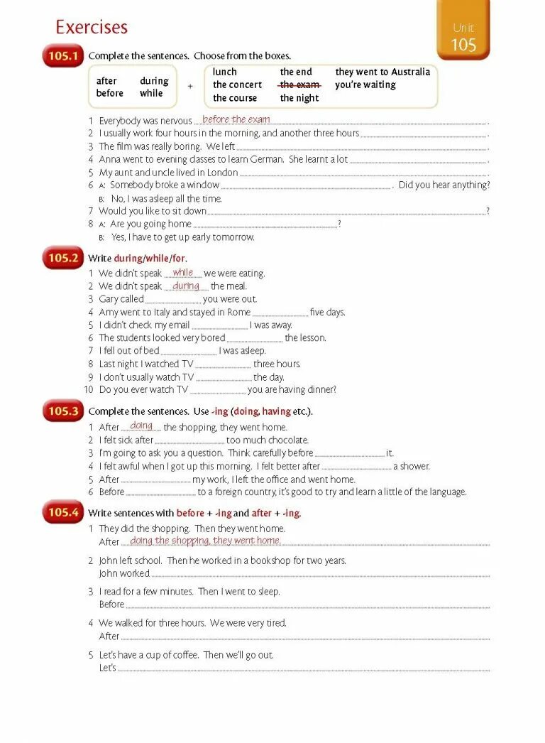 Complete the sentences choose from. During for while упражнения. Упражнения на предлоги for during while. Мерфи Unit 105. For during разница упражнения.