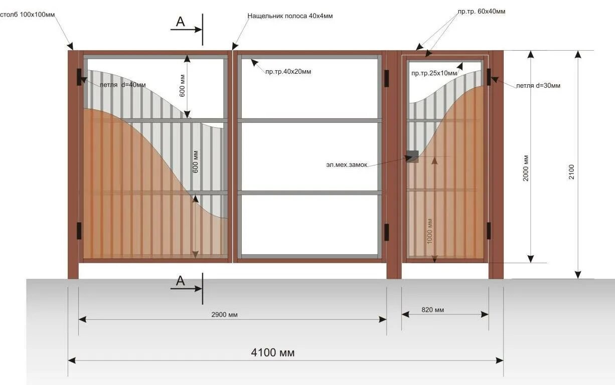 Высота забора для частного дома. Ворота металлические распашные 4000х4300 с калиткой чертеж. Ворота распашные профнастил чертеж. Ворота с калиткой из профнастила схема металла. Ворота распашные 4000х2000 схема.