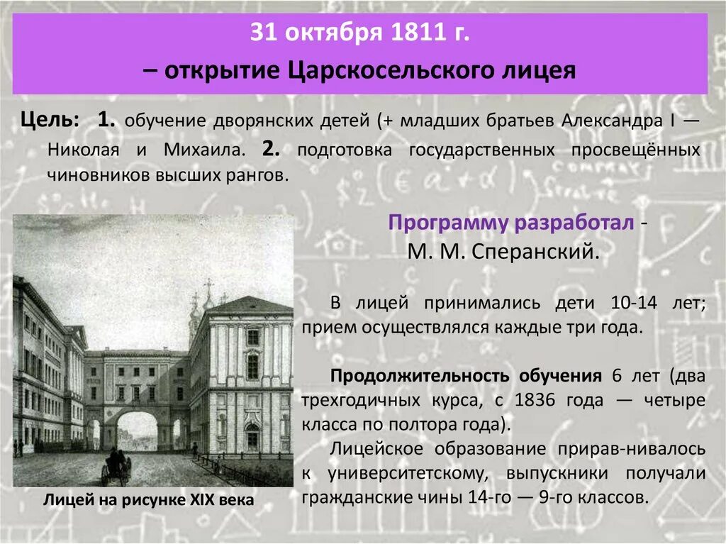 Царскосельский лицей 1811г. Императорский Царскосельский лицей 1811. 1811 Г. — открытие Царскосельского лицея. 31 Октября 1811 — открытие Царскосельского лицея.. Царскосельский лицей образование