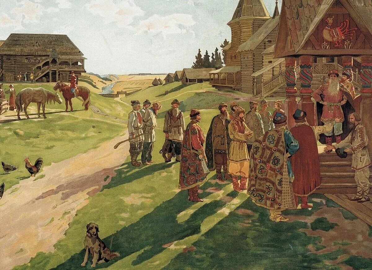 Образ жизни славян. Двор князя Васнецов. Двор удельного князя Васнецов. Вотчина в Киевской Руси. Художник Максимов Алексей Федотович «в усадьбе князя».