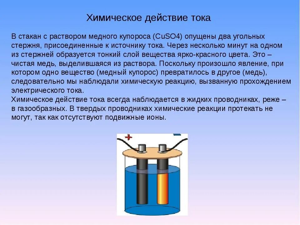 При пропускании постоянного электрического тока через провод. Химическое действие тока. Химическое действие электрического тока. Химическое воздействие электрического тока. Химические источники тока.