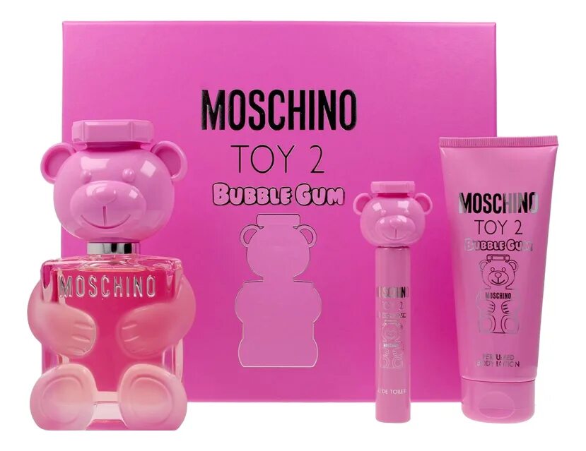 Набор духов москино. Moschino Toy 2 Bubble Gum. Moschino Toy 2 Bubble Gum 100 мл. Москино подарочный набор той 2. Духи Moschino Toy Bubble Gum.