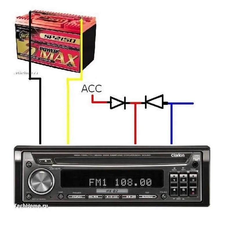 Как подключить автомагнитолу через диоды схема. Подключить автомагнитолу к аккумулятору 12 вольт схема. Питание магнитолы через 2 диода схема. Схема подключения автомобильной магнитолы к аккумулятору напрямую. Узнай автомагнитолу