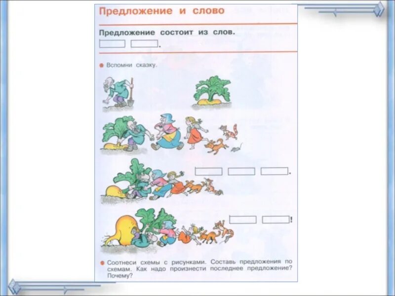 Предложение состоит из двух слов. Соотнеси рисунки и схемы. Вспомни сказку по схеме. Предложение и слово вспомни сказку. Схема предложения Репка.