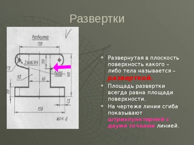 Линия сгиба на чертеже. Линия сгиба на чертеже развертки. Линия изгиба на чертеже. Чертеж детали со сгибом. Как показывают линии сгиба