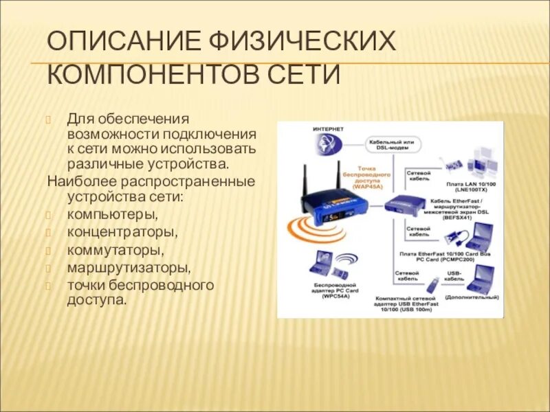 Концентраторы коммутаторы точки беспроводного доступа. Физические компоненты сети. Физ соединений в сети как. Три физические компоненты интернета.