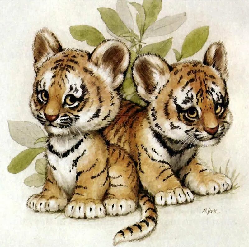 Рисунки с животными. Тигренок. Красивые иллюстрации животных. Милые мультяшные тигрята.