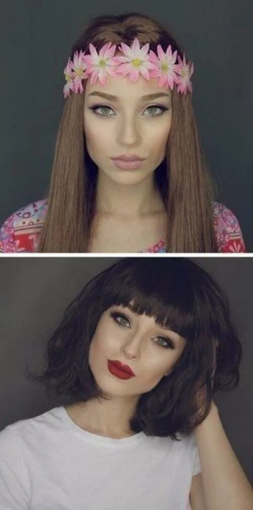 Разные причёски и макияж у одного человека. Разные причёски для девушек. Одна девушка разный макияж и прически. Одна девушка с разными причёсками.