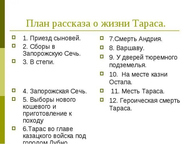 Характеристика тараса бульбы по плану. План повести Тарас Бульба. План повести Тарас Бульба по 12 главам. План по рассказу Тарас Бульба 7 класс. План повести Тараса бульбы.