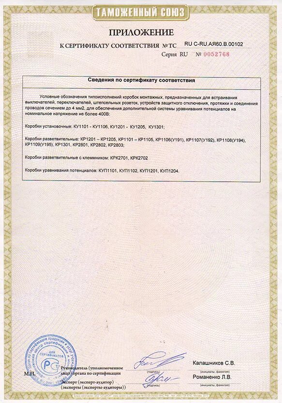 Сертификат коробка распределительная