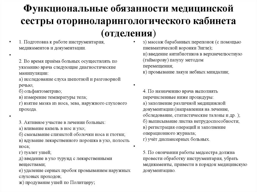 Должностная инструкция врача отделения. Функциональные обязанности медицинской сестры ЛОР кабинета. Обязанности медсестры в ЛОР отделении. Обязанности медсестры ЛОР кабинета в поликлинике. Должностные обязанности медсестры ЛОР кабинета поликлиники.