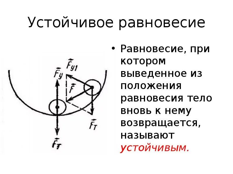 Какое равновесие называют устойчивым. Устойчивое положение равновесия теормех. Устойчивое равновесие тела. Равновесие при котором выведенное из положения равновесия. Устойчивость равновесия тел.