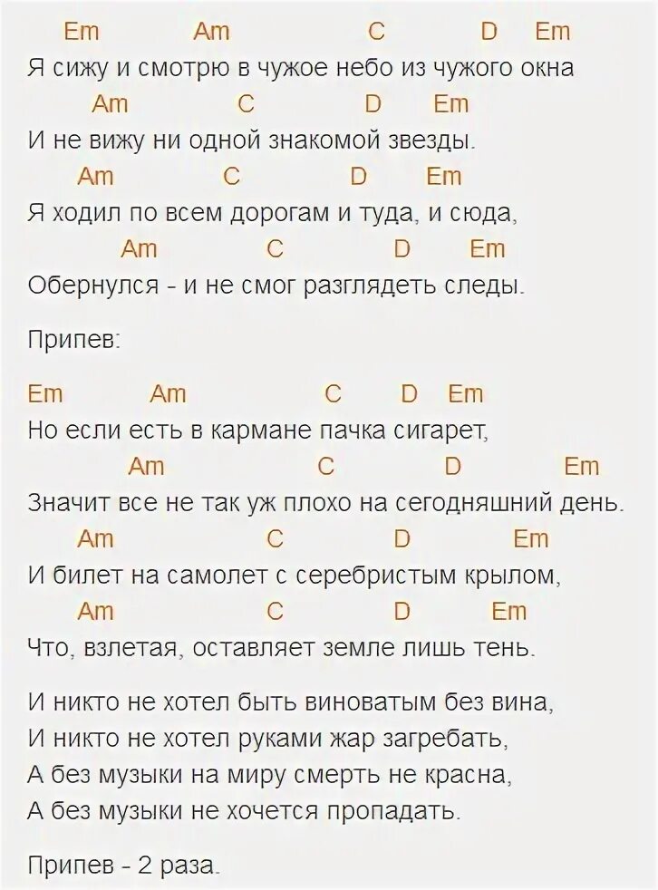 Четверо аккорды. Табулатура Цой пачка сигарет.