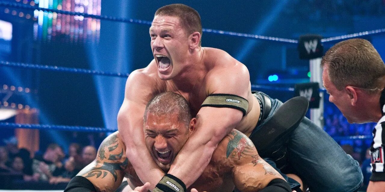 Син против. Джон сина и батиста. дэйв батиста и джон сина. wwe batista 2008. summerslam 2008.