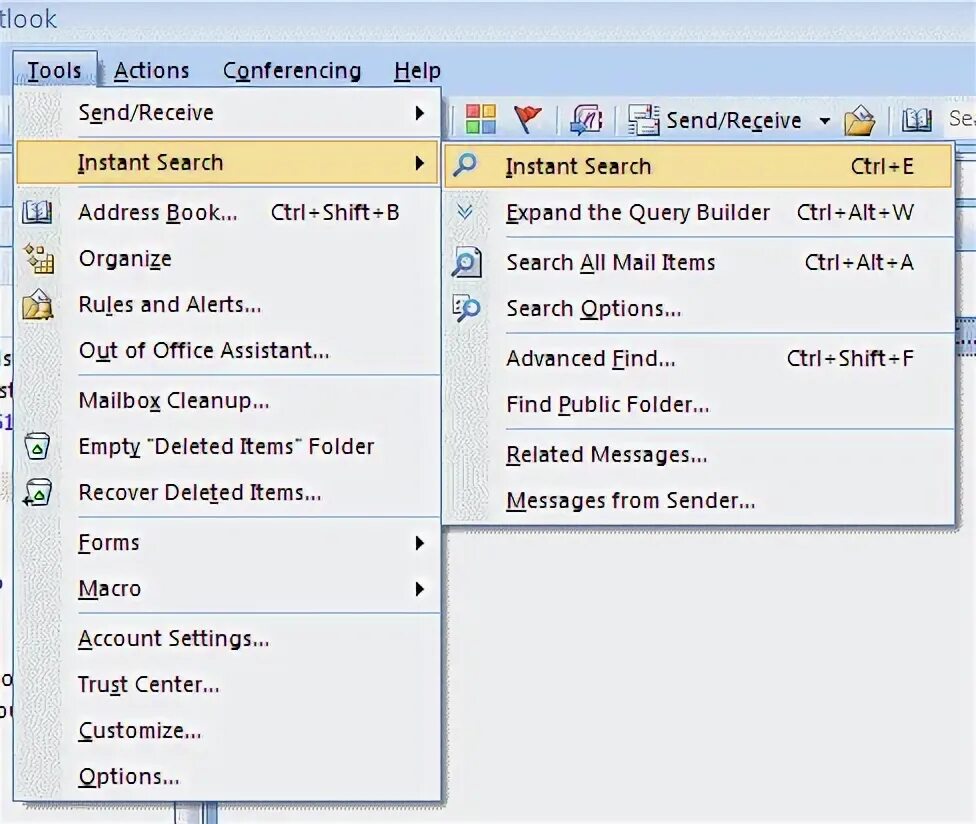 Outlook 2007. Расширенный поиск Outlook 2007. Outlook 2007 message. Instant search.