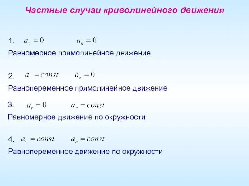 Равнопеременное движение по окружности формулы. Частные случаи поступательного движения. Частные случаи криволинейного движения. Частые случаи движения.