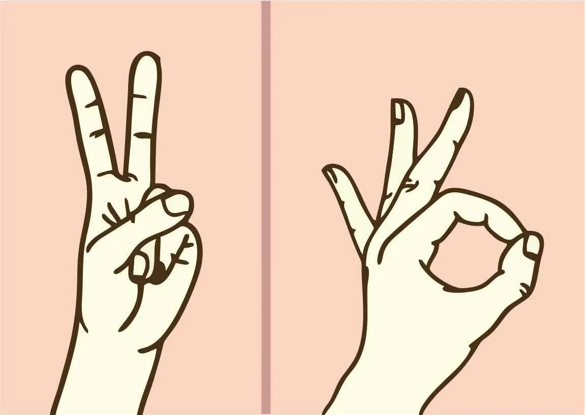 Знак мир пальцами рук. Местоположение рук