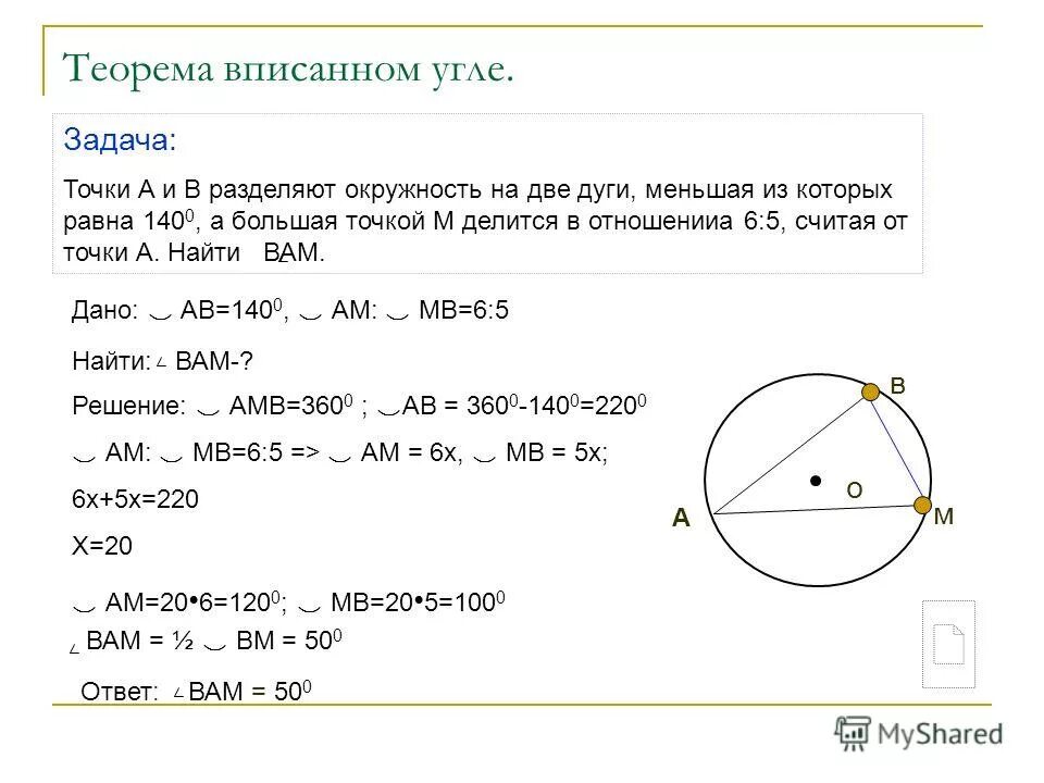 Теорема о вписанном угле любой частный случай