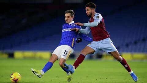 Aston Villa's Brazilian midfielder Douglas Luiz (R) pressures Brighton's Belgian midf...