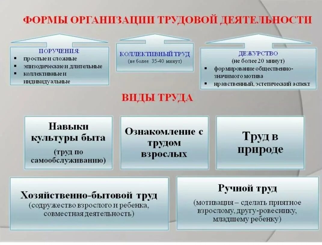 Какие есть преимущества коллективного труда. Формы организации трудовой деятельности. Формы трудовой деятельности дошкольников. Виды организации труда. Форма организации труда виды.